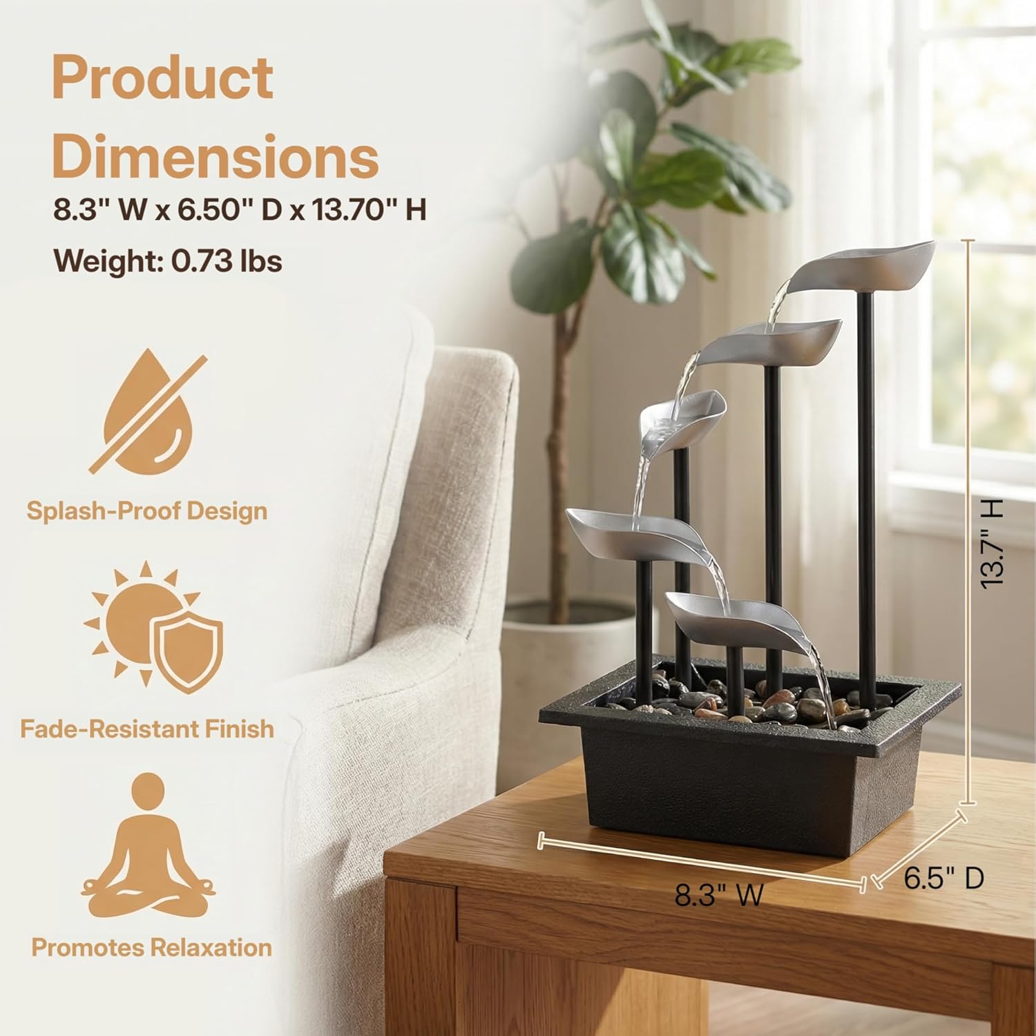 Tabletop Water Fountain, Modern Indoor Waterfall Feature with LED Light, Soothing Zen Desktop Fountain for Home Office Bedroom Relaxation Decor 13.7 Inch