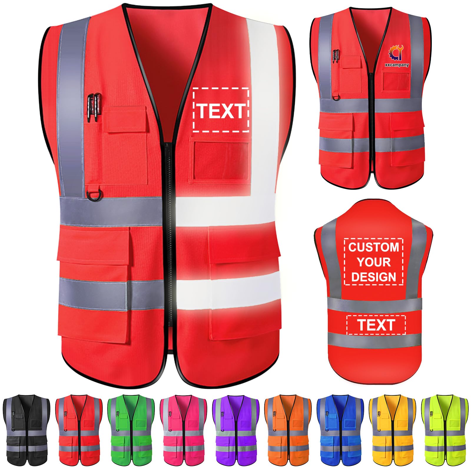 Custom Safety Vest with Logo High Visibility Reflective Pockets Zipper Personalized Class 2 Construction Workwear Men Women