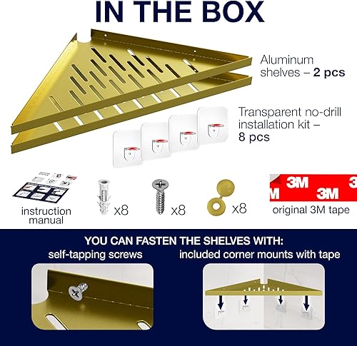 Miniatura 5 de Estante esquinero para ducha interior, adhesivo, palo, taladro, sin taladro, estantes flotantes de esquina dorada de 14 pulgadas para baño, pared de