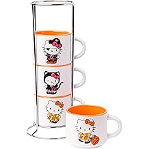 Silver Buffalo Sanrio Hello Kitty Halloween Themed 4 pack Ceramic Espresso Set with Storage Rack, 3 Ounces