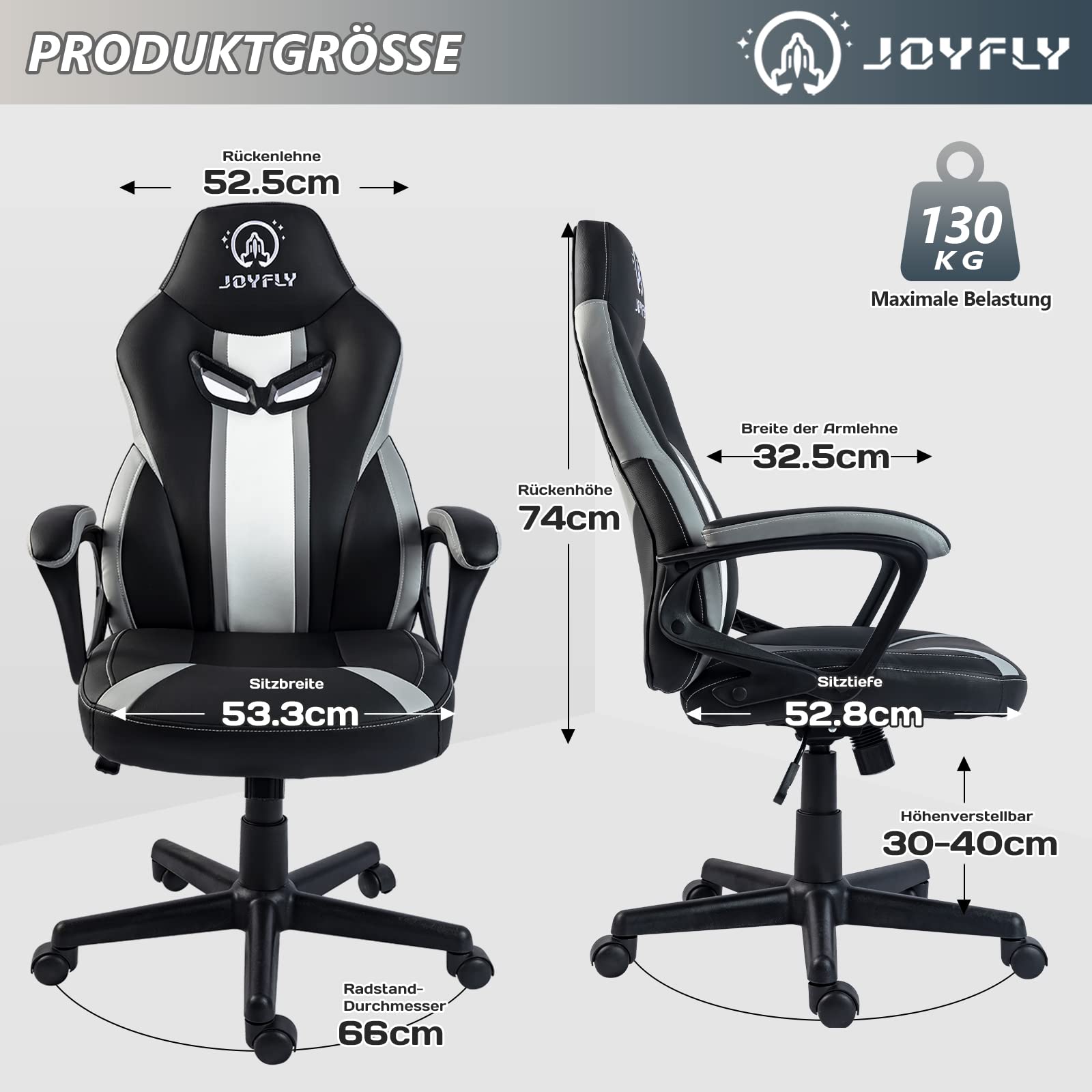 JOYFLY Sedia Gaming Ergonomica Sedia da Ufficio con Supporto Lombare Pelle di PU Poltrona per Gamer con Altezza Regolabile, Adulti Giovani(Nero)