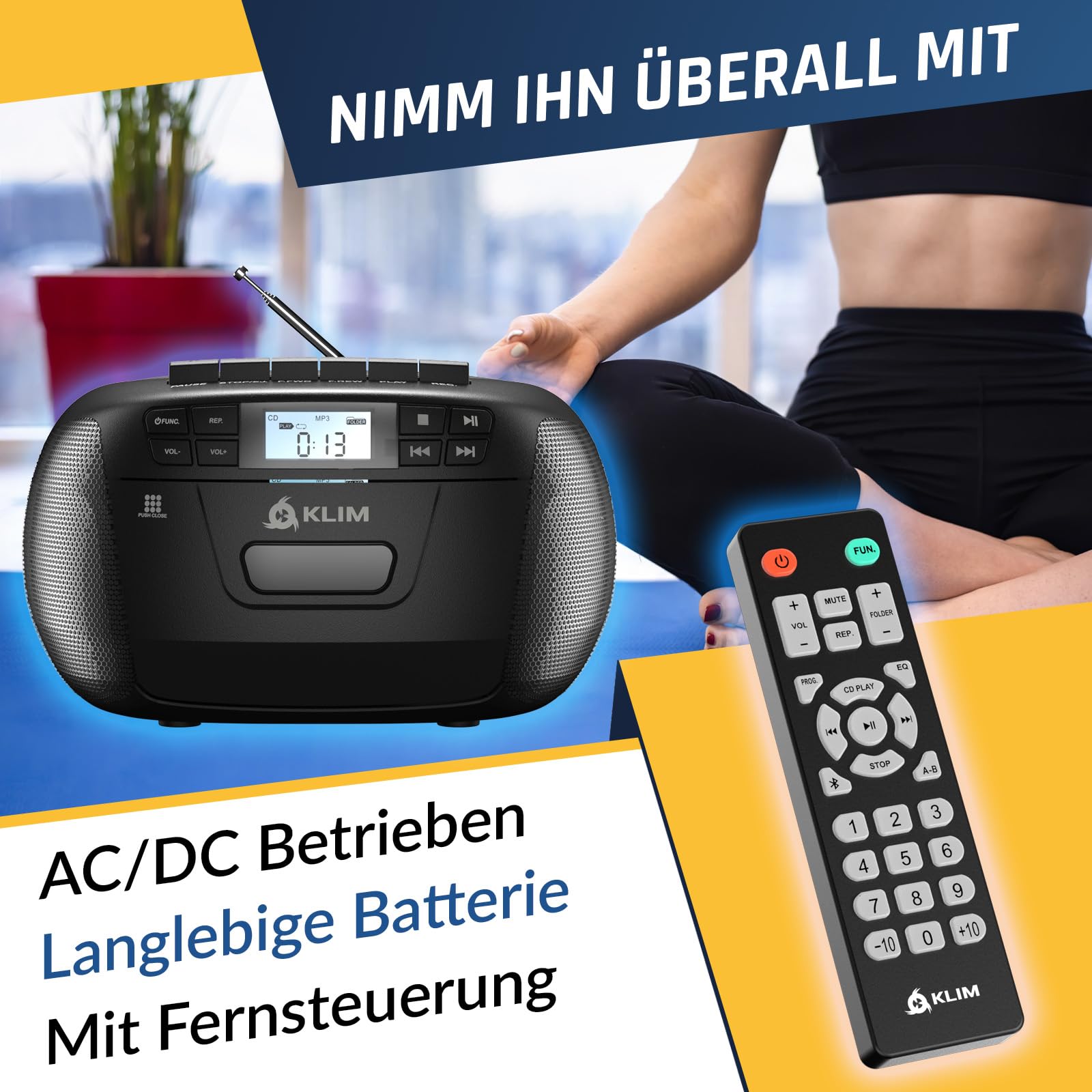 KLIM CD Player mit Kassette & Etui, Kassettenspieler, Kassettenrekorder, Bluetooth CD Player mit Radio & USB, AM/FM Radio, Netz- und Batteriebetrieb