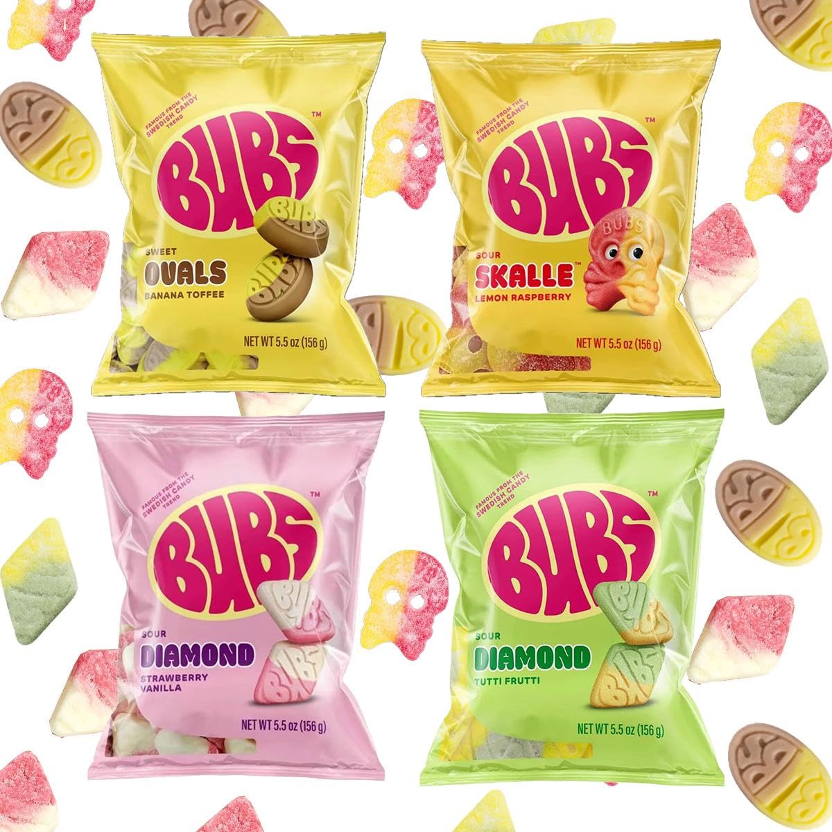 BUBS Sour & Sweet Foam Candy 4 Pack Variety 5.5oz Each Bag – Includes Strawberry Vanilla, Tutti Frutti, Lemon Raspberry Skalle & Banana Toffee – Chewy and Vegan Made in Mexico, Inspired by Swedish Candy Tradition (4 Bags of 5.5 oz Each)