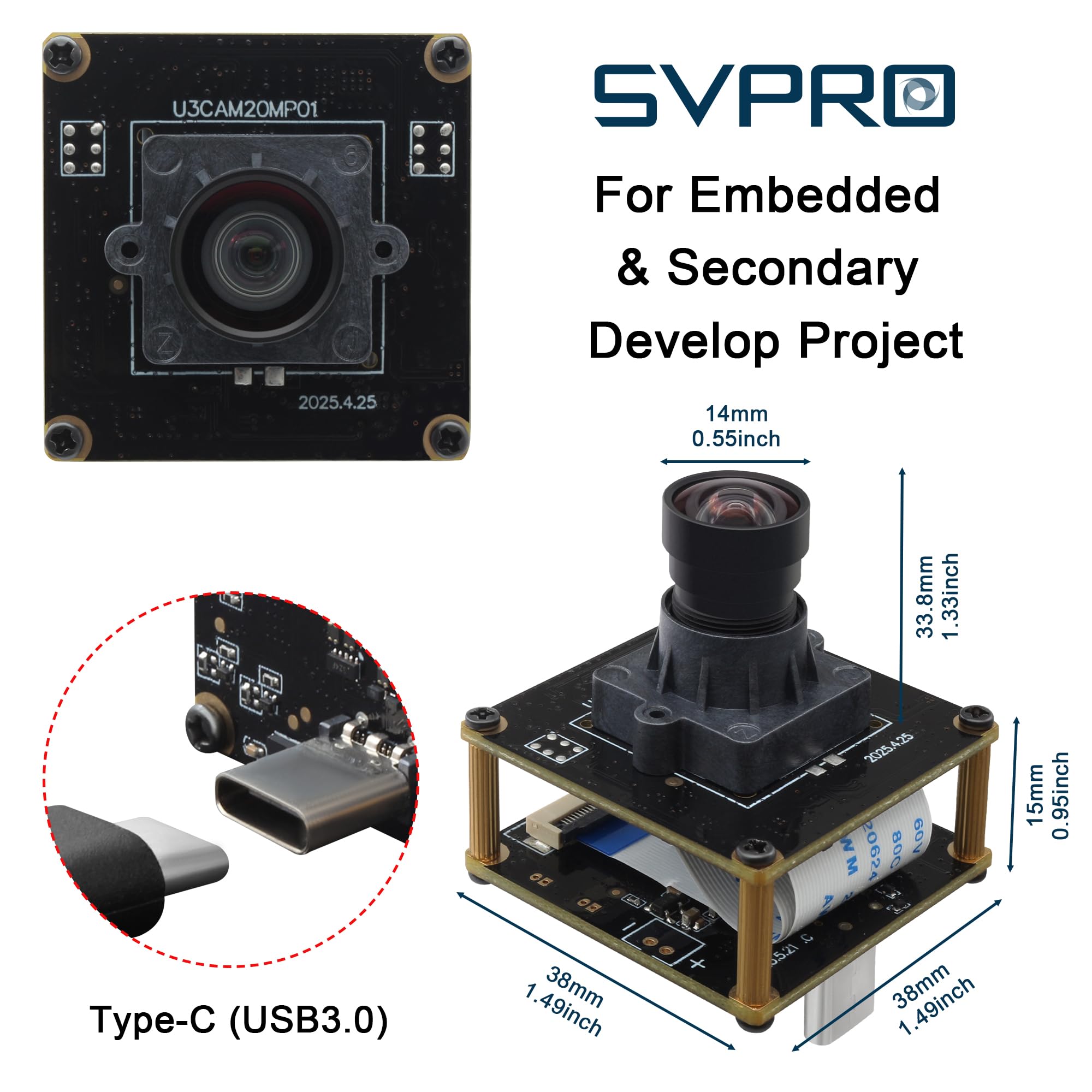 SVPRO Modulo fotocamera USB 3.0 da 20 MP, scheda webcam 5K per computer portatile, fotocamera ultra HD per PC con obiettivo 95° (H) senza distorsione, UVC Industrial Cam Plug and Play per Mac, Windows