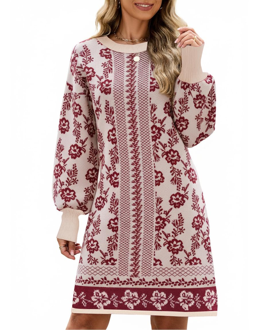 Kedera Womens Floral Knit Mini Dress Sweater Pullover Casual Crewneck Long Sleeve Flower Printed Fall Trendy Dressy Outfit