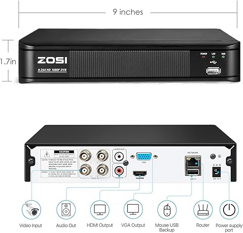 Miniatura 3 de ZOSI Grabador DVR de seguridad 1080p 4 canales, capacidad híbrida 4-en-1 (analógicoAHDTVICVI) vigilancia CCTV DVR, detección de movimiento, control
