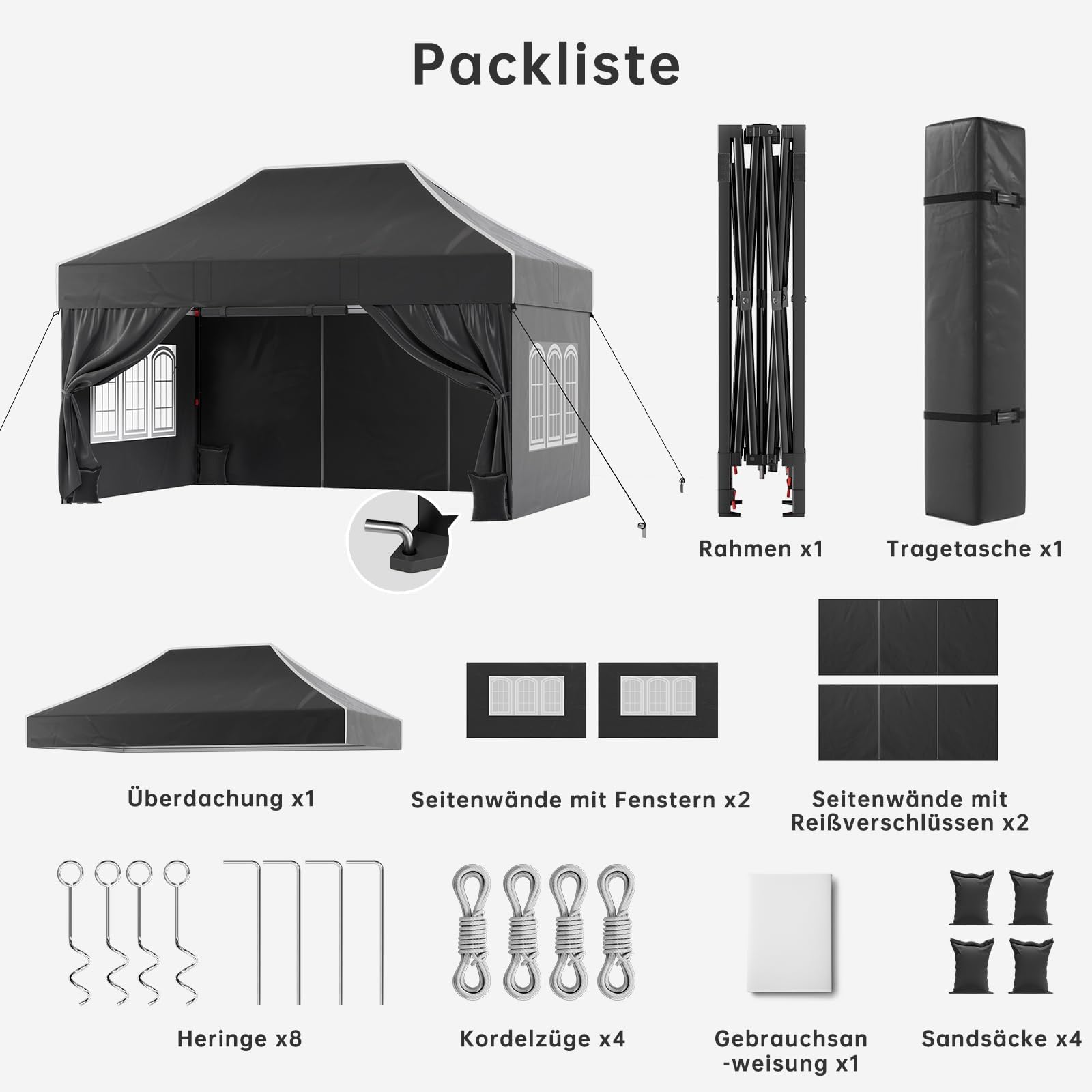 JUMMICO 3x4.5m Schwerlast-Faltpavillon für Extremes Wetter｜Spitzdach & 110g silberbeschichtetes Oxford｜Verstärkte Klettfixierung｜Mehr Stauraum & Stabilität