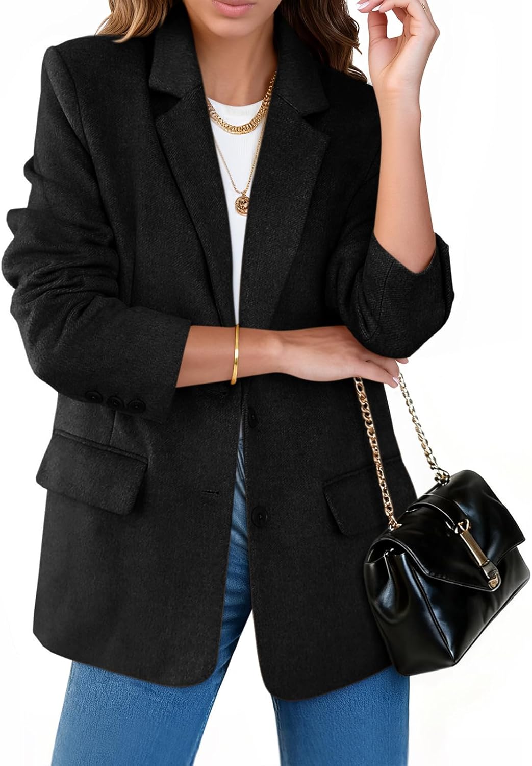 Cicy Bell Women's Woolen Blazer Jackets Casual Long Sleeve Notch Lapel Open Front Work Office Blazers