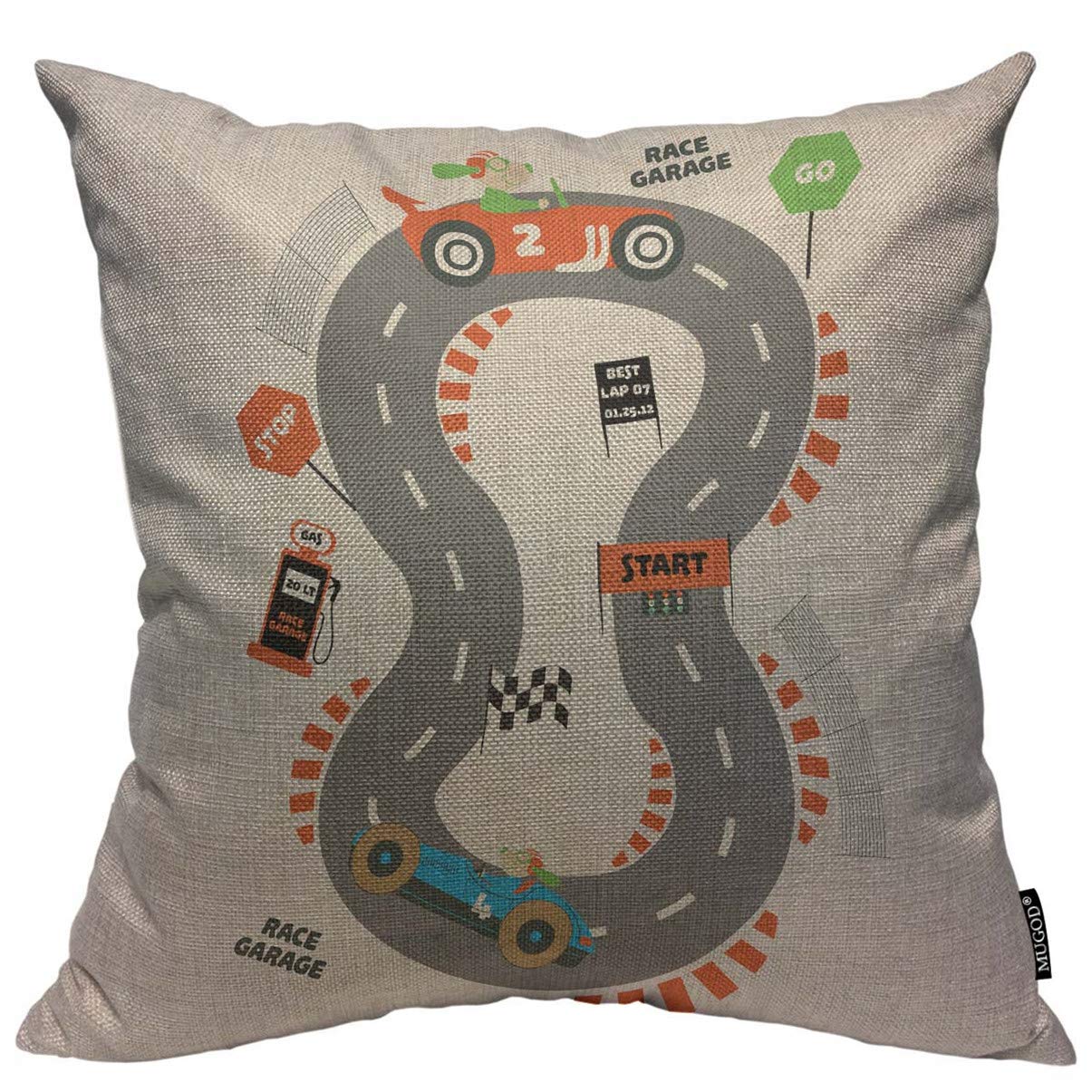 Mugod Race Garage Throw Pillow Cover Race Cars Runway Race Print Decorative Square Pillow Case for Home Bedroom Living Room Cushion Cover 18x18 Inch