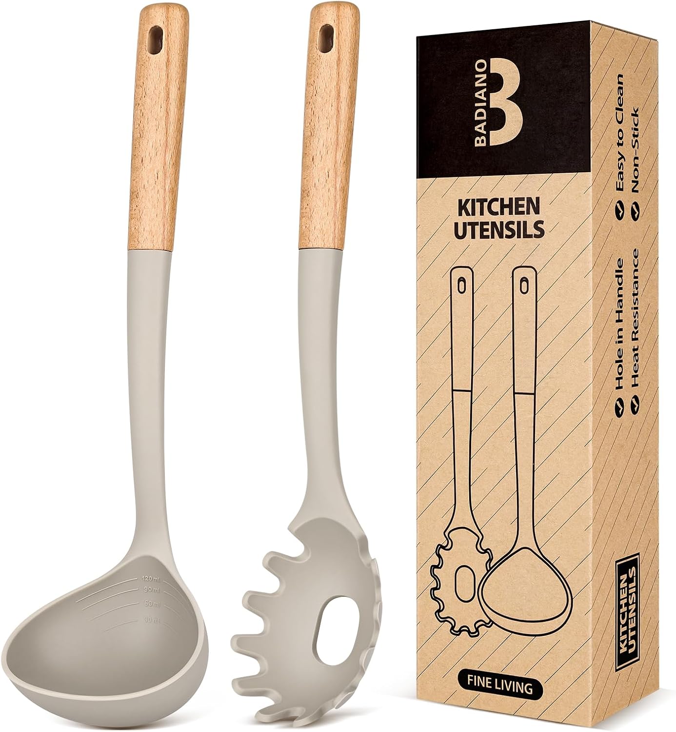 Badiano Kitchen Pasta Fork and Ladle Set, Perfect for Serving, Khaki