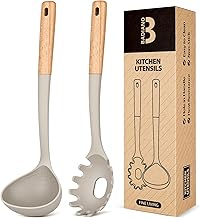 Pasta Fork and Ladle Set, Perfect for Serving Hot Soup, Stirring, and Sauce Pasta, BPA-Free Matte Silicone, Wood Handle Spaghetti Spoon for Nonstick Cooking Surfaces (Khaki)