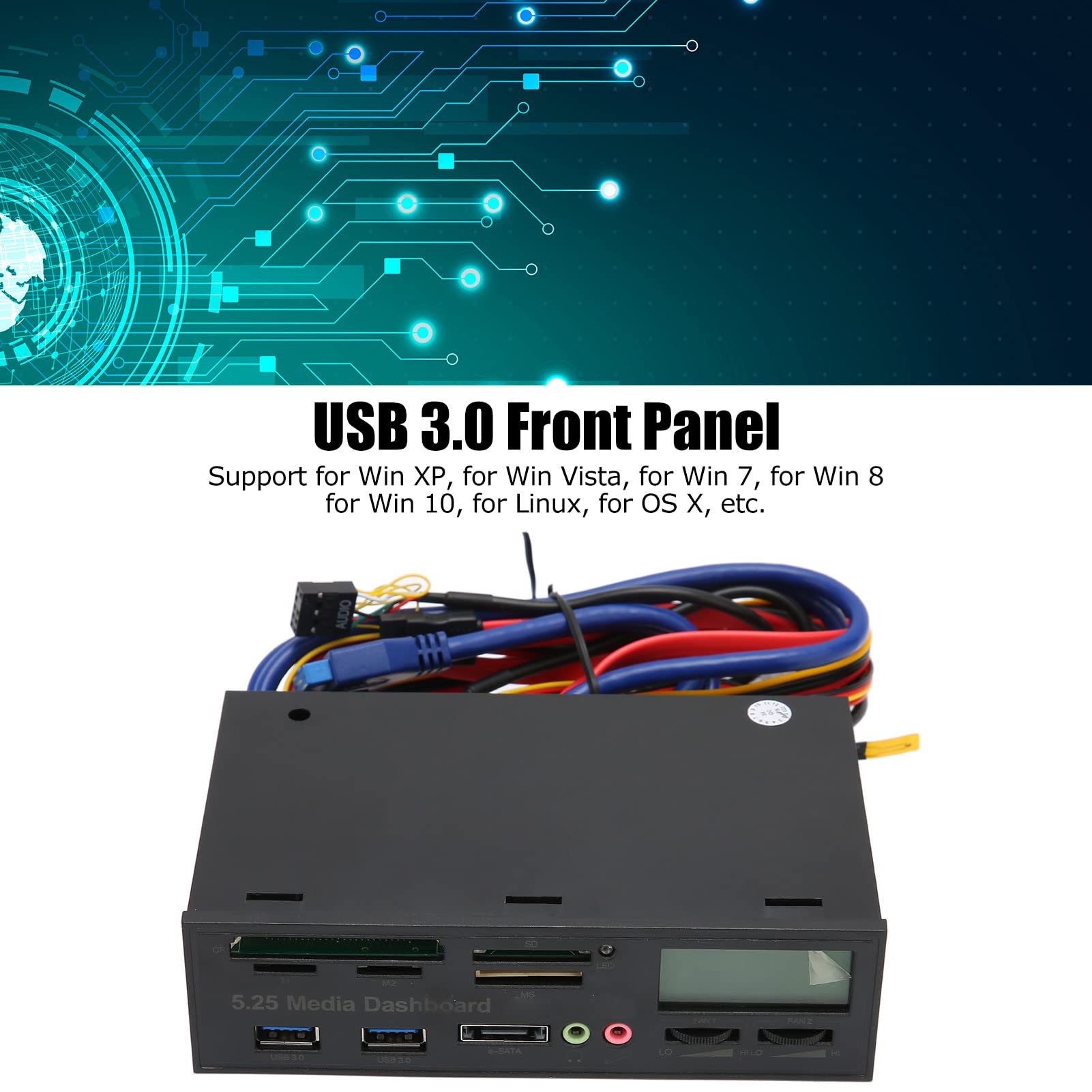 Ausla Media Dashboard USB3.0 Front Panel Hub, 5.25in Display LCD