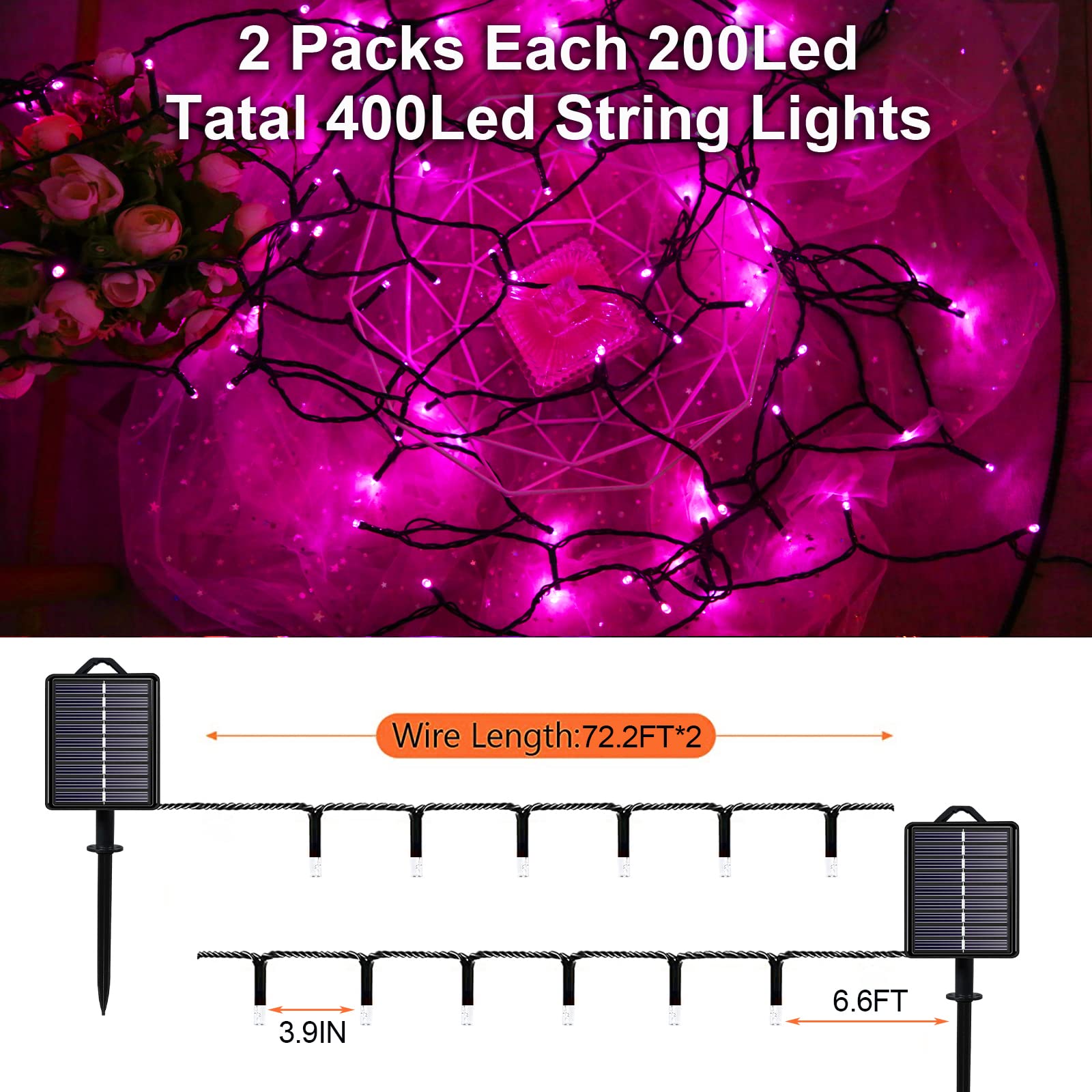 Lot de 2 guirlandes lumineuses exterieure à panneau solaire 200 LED Rose