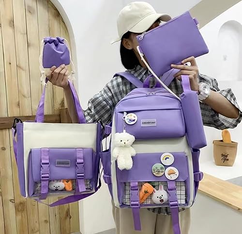 Miniatura 2 de Juego de mochila Kawaii de 5 piezas, bonita mochila escolar estética, suministros juveniles, conjunto de mochila y accesorios, Mochila púrpura 1,
