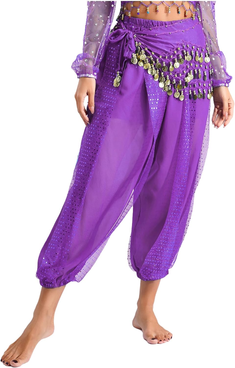 YiZYiF Women's Belly Dance Costume Sequined Layer Pants Split Harem Pants Arabic Halloween Trousers