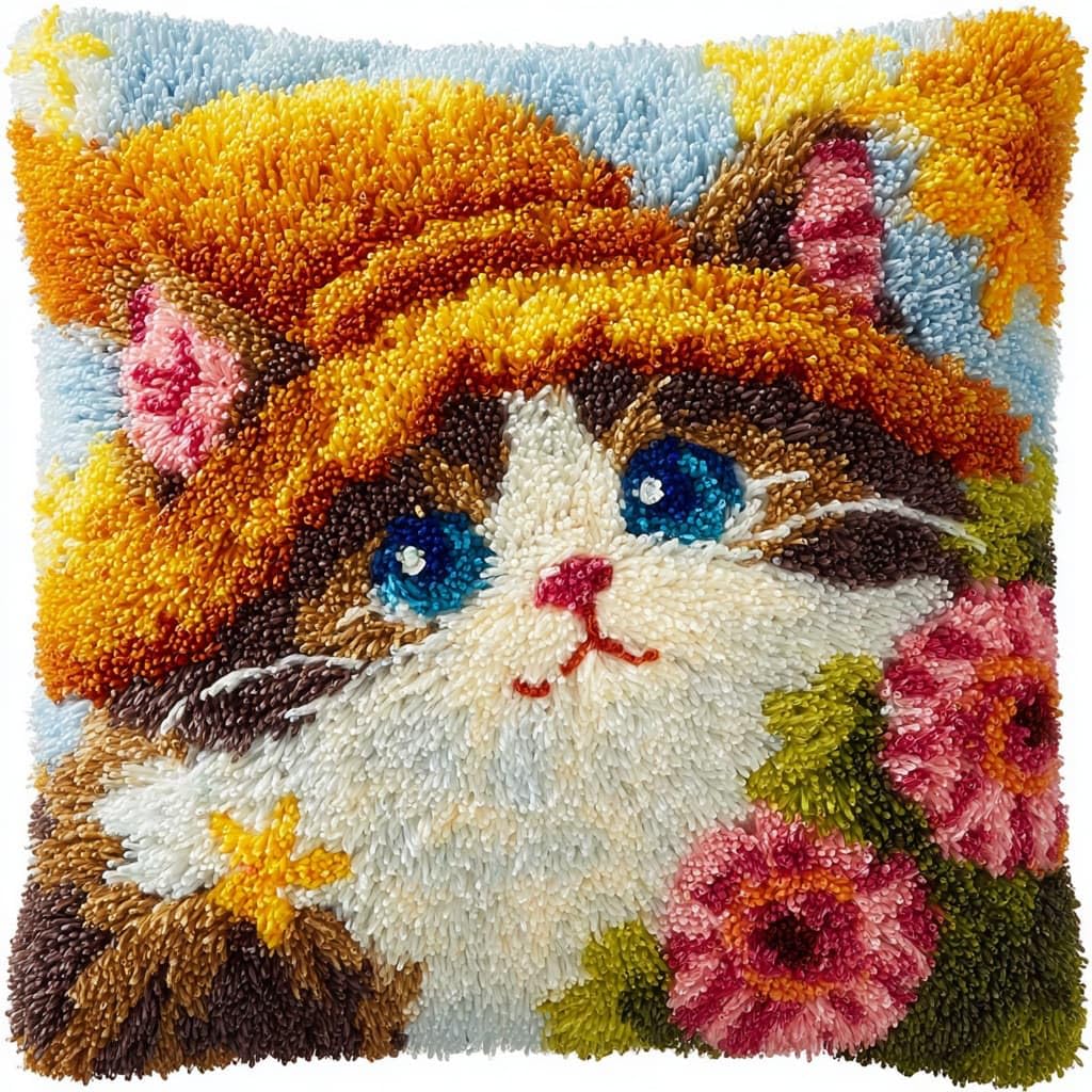 Henypt Latch Hook Kits Pillowcase Cats and Flowers
