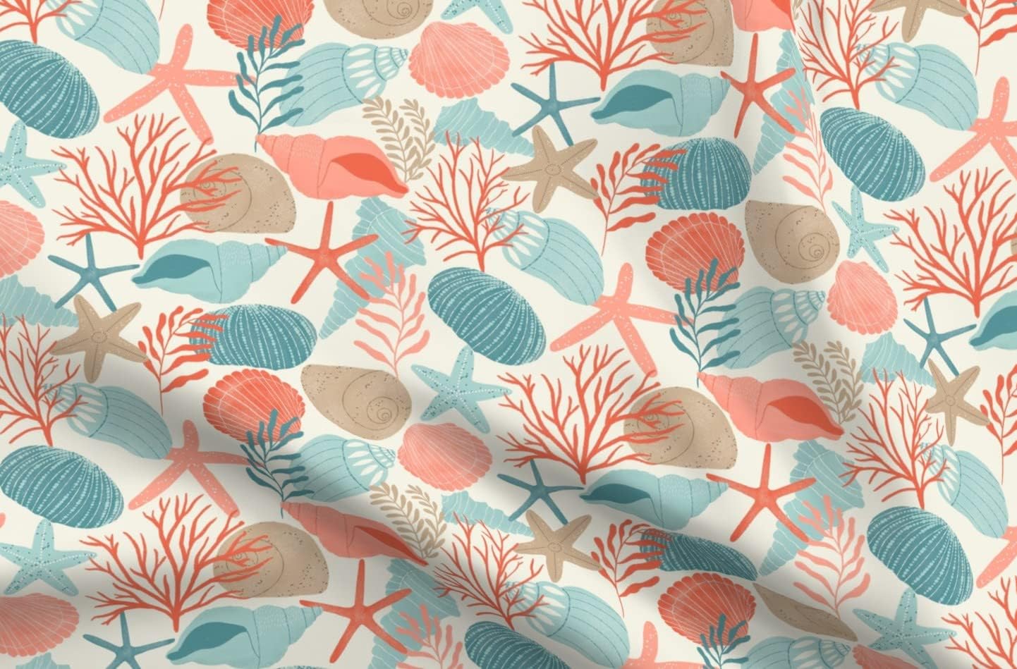 Spoonflower Fabric - Colorful Seashells Coastal Nautical Modern Beach House Pink Coral Blue Printed on Organic Cotton Sateen Fabric by The Yard - Sewing Quilting Apparel Home Decor
