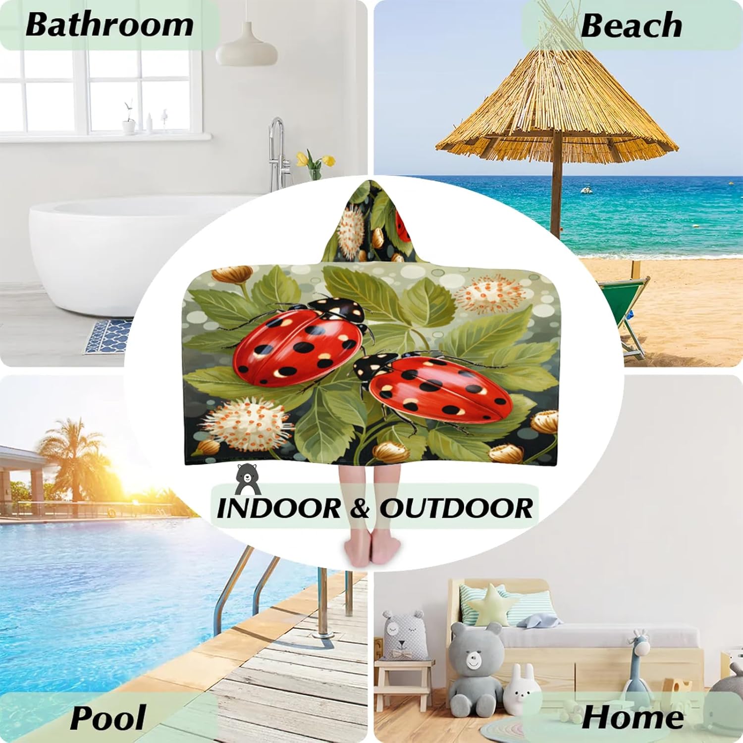 Cute Animal Ladybugs Hooded Towels for Kids Absorbent Soft Pool Swim Beach Bath Towel for Boys Girls, 24 in x 50 in