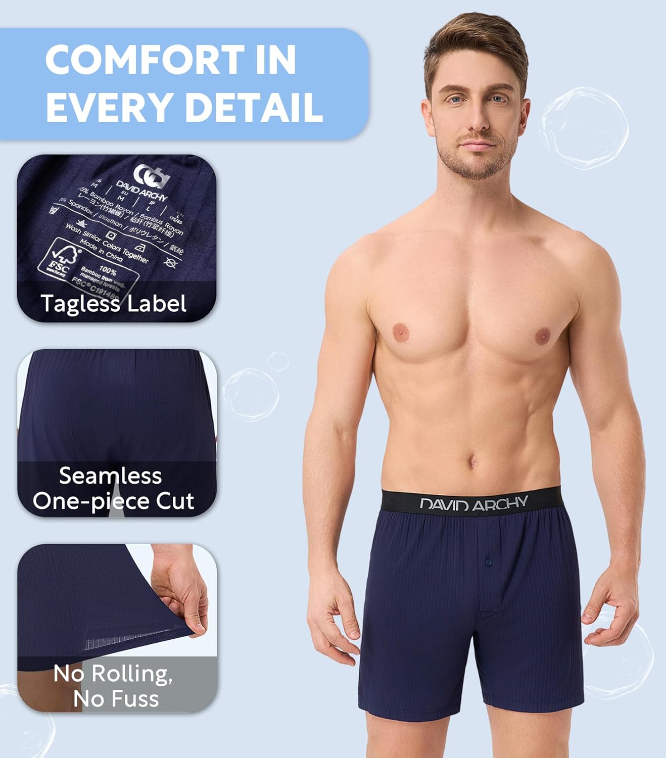 DAVID ARCHY Men's Underwear Bamboo Rayon Boxers Breathable Textured Knit Boxer Shorts Cooling Pajama Shorts 3 or 5 Pack