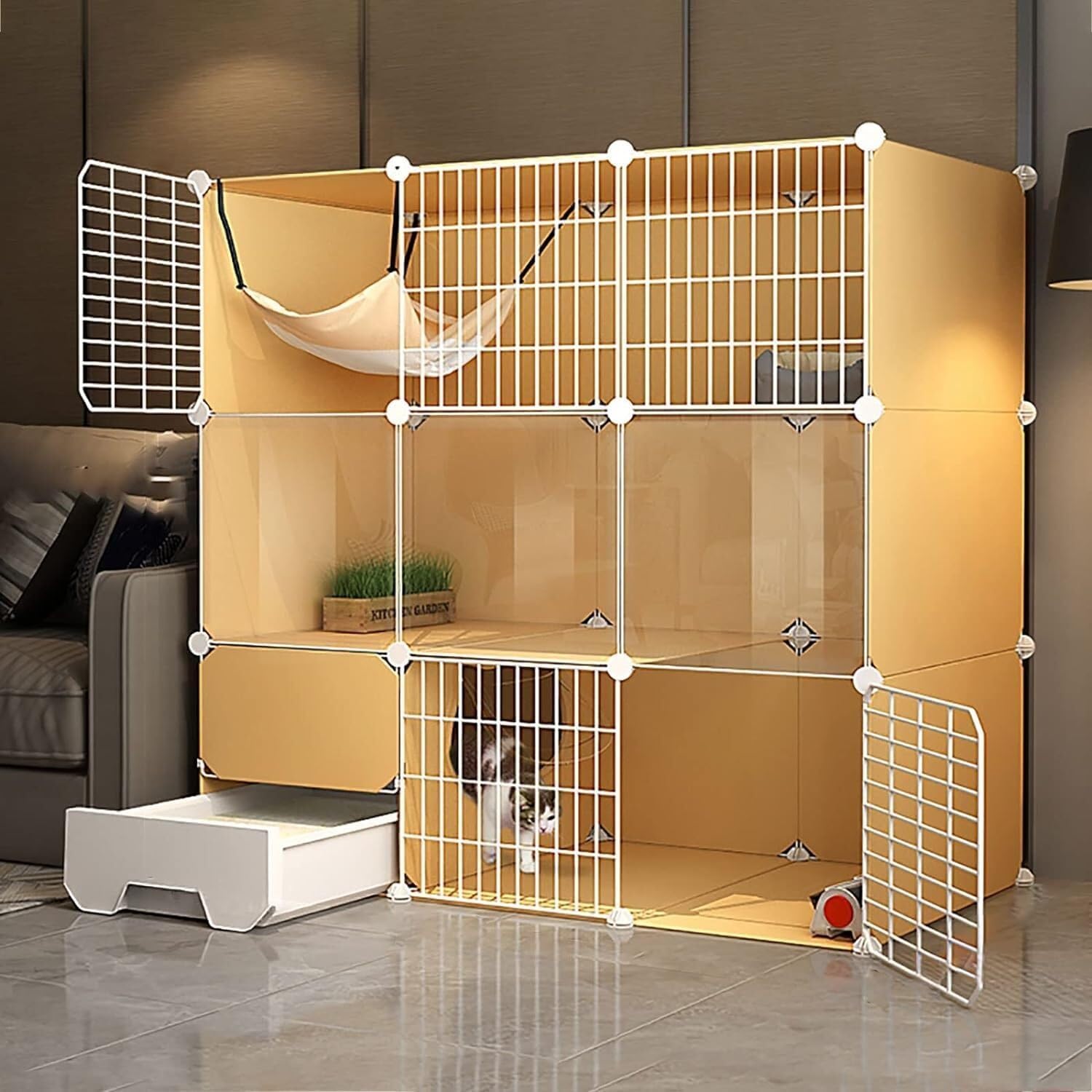 HXRW Recinto per Gatti Gabbia per Gatti Grande - Box per Gatti Staccabile in Filo Metallico Cuccia per Interni Fai da Te Gabbia per Gatti con Lettiera per Gatti Staccabile in Metallo per Fur