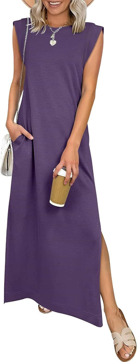 ANRABESS Women Summer Casual Sleeveless Maxi Dress 2026 Crewneck Loose Split Wrinkle-Free Beach Travel Vacation Long Sundress