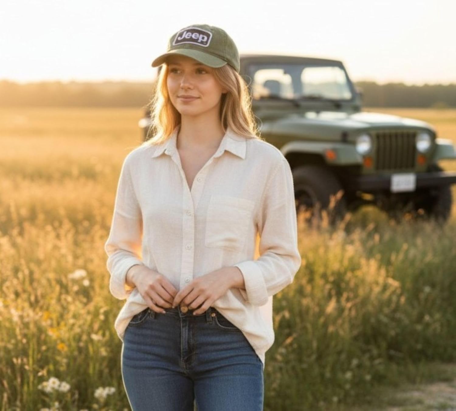 Jeep Premium Chino Twill Embroidered Patch Text Logo Hat - Green