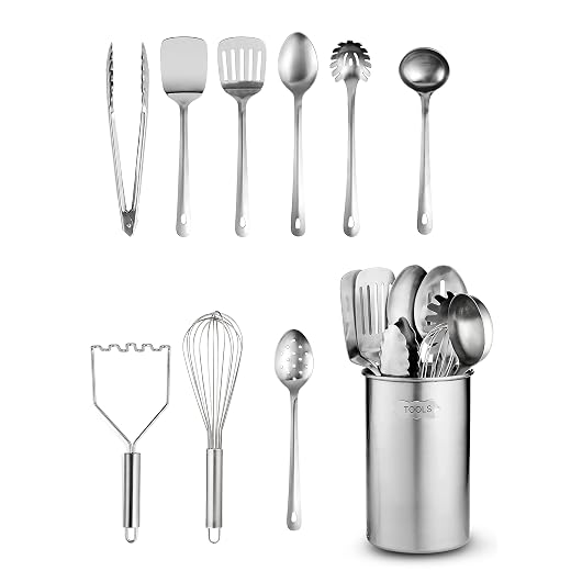 Stainless-Steel Kitchen Utensil Set - 10-piece premium Nonstick & Heat Resistant Kitchen Gadgets, Turner, Spaghetti Server, Ladle, Serving Spoons, Whisk, Tongs, Potato Masher and Utensil Holder