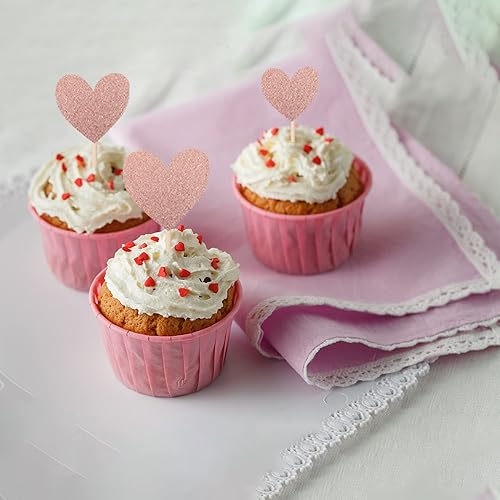 Miniatura 5 de Rsstarxi Paquete de 30 adornos de corazón para cupcakes con purpurina de oro rosa para baby shower, decoración para despedida de soltera, boda,