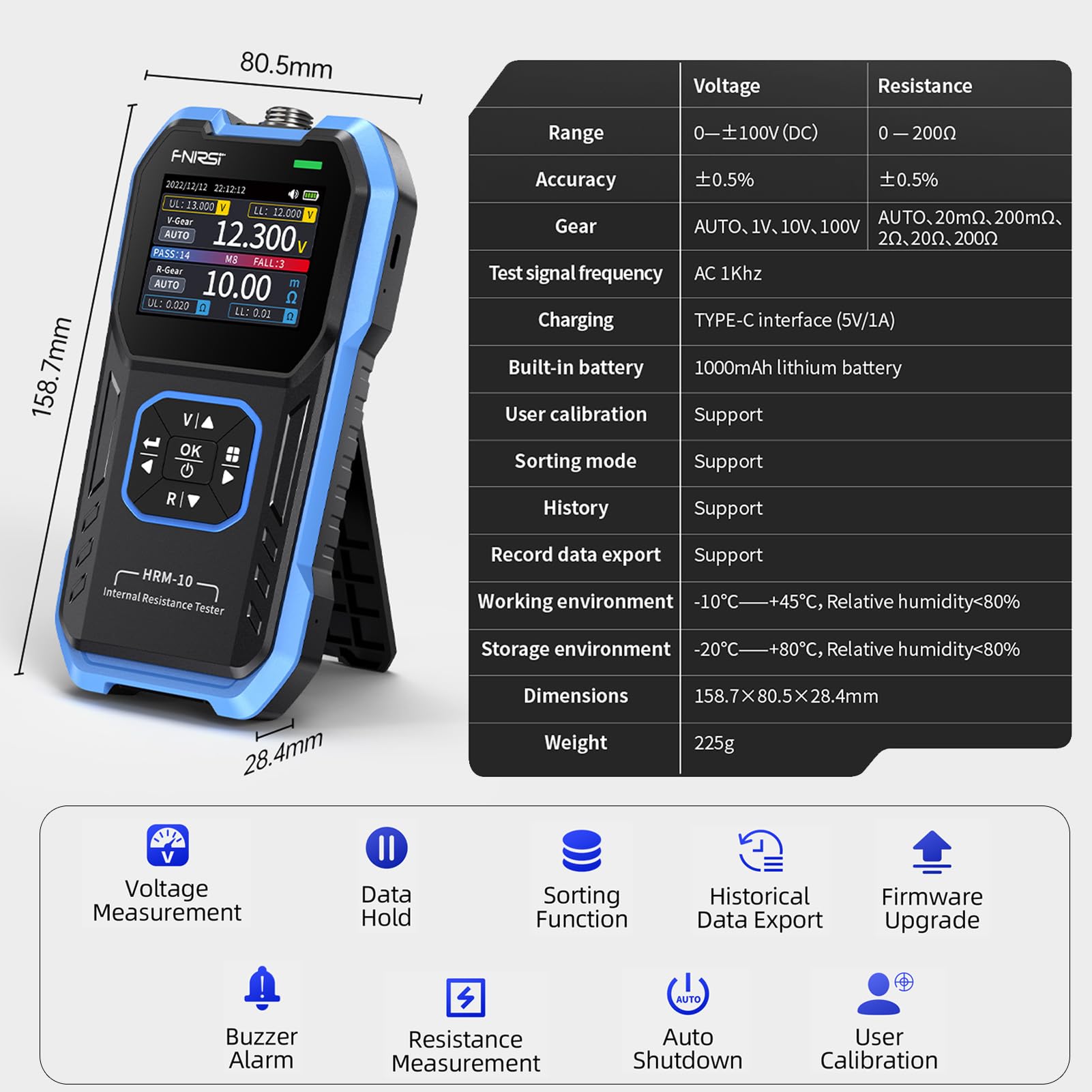 HRM-10 4 Draht Batterietester Innenwiderstandstester Spannungsmessgerät 100V 200Ω