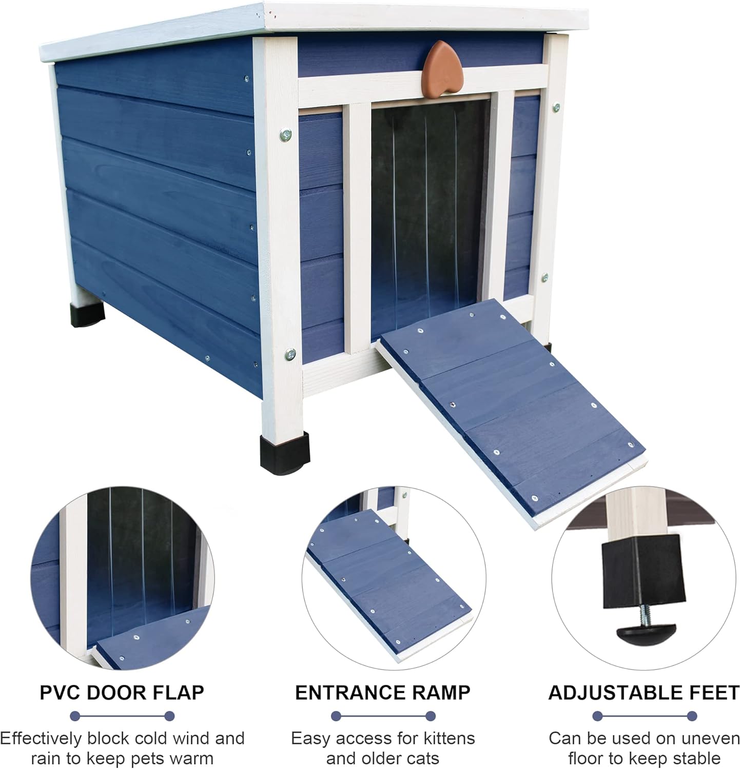 review Cat House for Outdoor Cats, Weatherproof Feral Cat House, Wooden Outside Shelter for Cat, Rabbit and Small Pet Hutch-Navy Blue