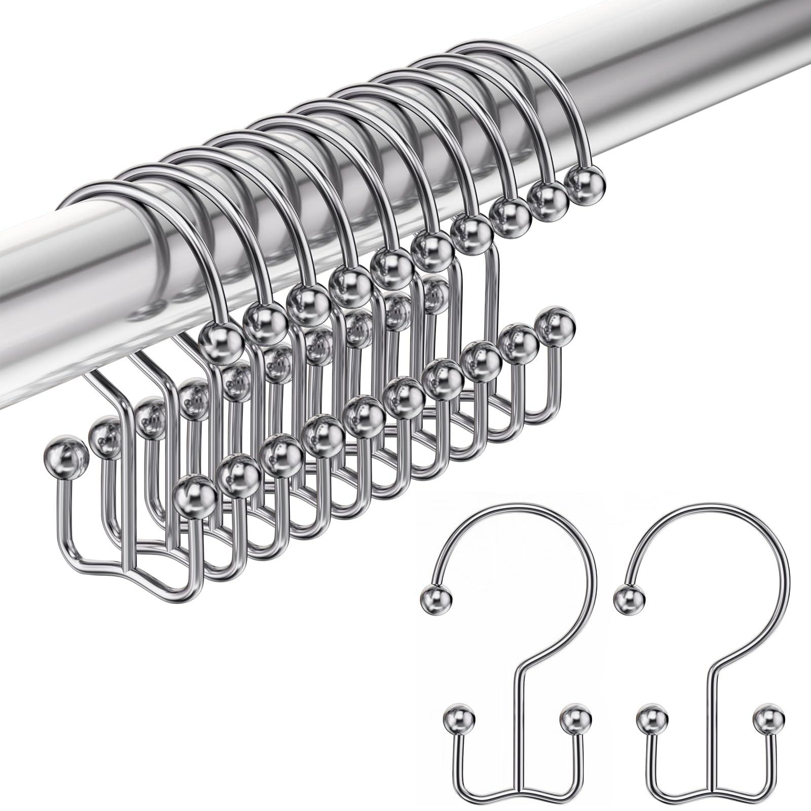 Amazer Shower Curtain Hooks Chrome Double Shower Curtain Hooks, Shower Curtain Rings Sturdy Stainless Steel Shower Hooks for Bathroom Shower Rod, 12Pcs Shower Curtain Hangers