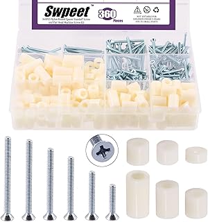 Swpeet 360Pcs Nylon Round Spacer Standoff Screw Nut and Flat Head Phillips #6-32 Electrician's Machine Screw Assortment Kit Perfect for Screws Prototyping