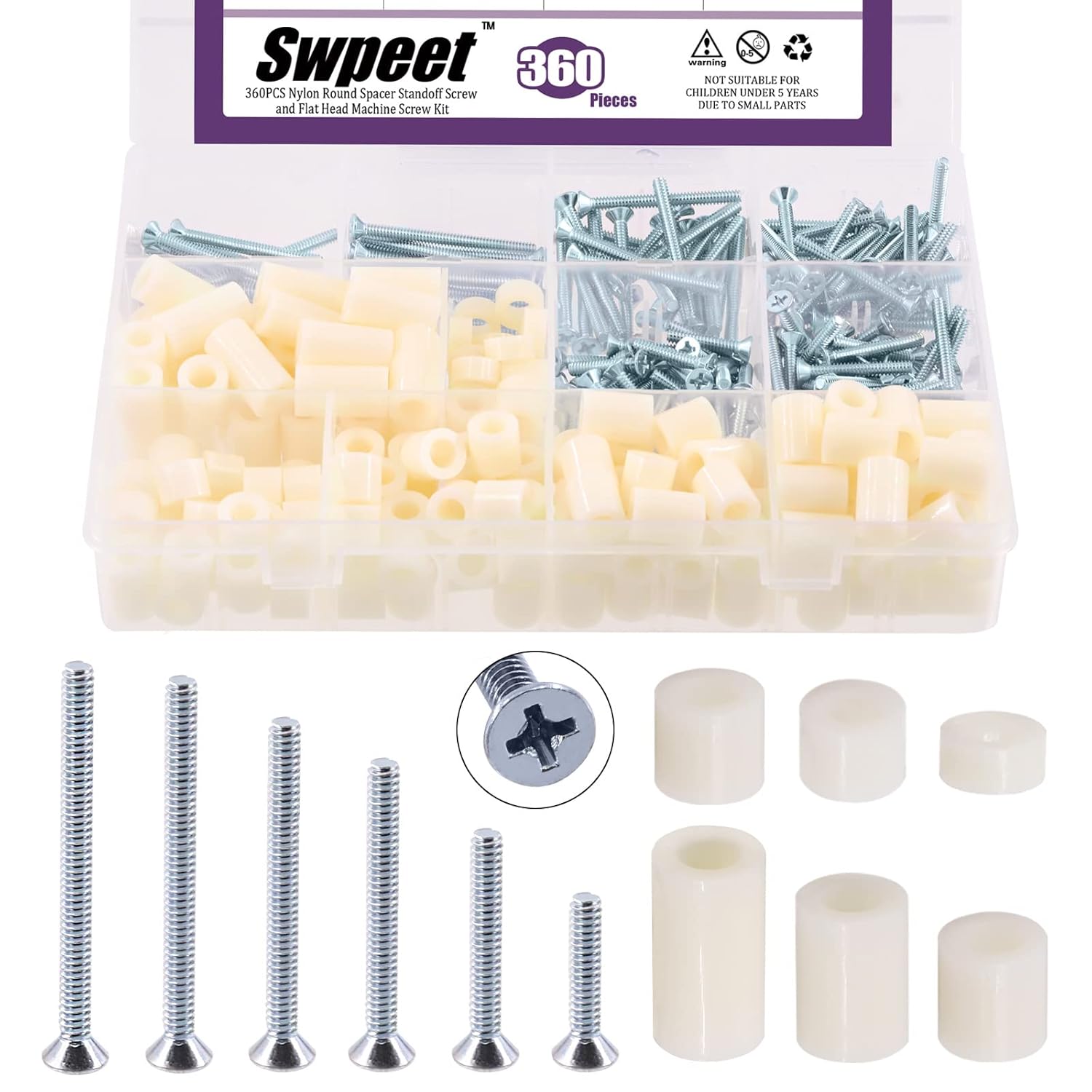Swpeet 360Pcs Nylon Round Spacer Standoff Screw Nut and Flat Head Phillips #6-32 Electrician's Machine Screw Assortment Kit Perfect for Screws Prototyping