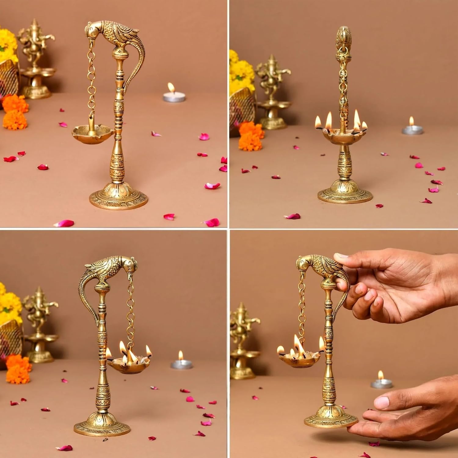 LoveNspire 2 PC Parrot Brass Oil Diya Kerala Samai Puja Diya Traditional 7.5 Inches Bird Pair Hanging Chain Oil Lamp Hindu Religious Kathu Vilakku Deepak for Home Temple Diwali Decor Housewarming Gift
