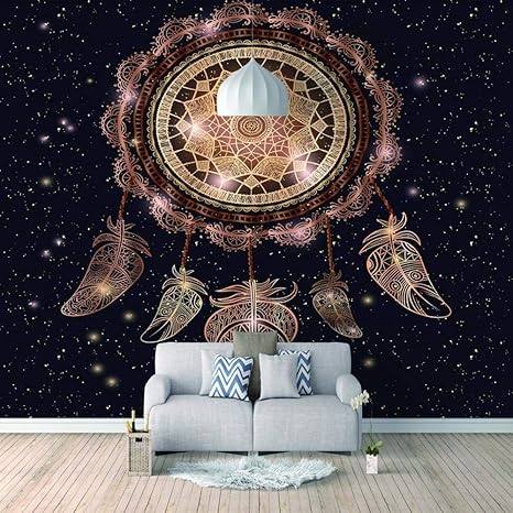Amazon リビングルームの壁紙3d ゴールデンドリームキャッチャー ステッカー 壁壁画 自己粘着デカール ウォールアートステッカー リビングルーム ベッドルーム ワードローブ 廊下 窓 Diy 背景用 350x256 Cm 壁紙