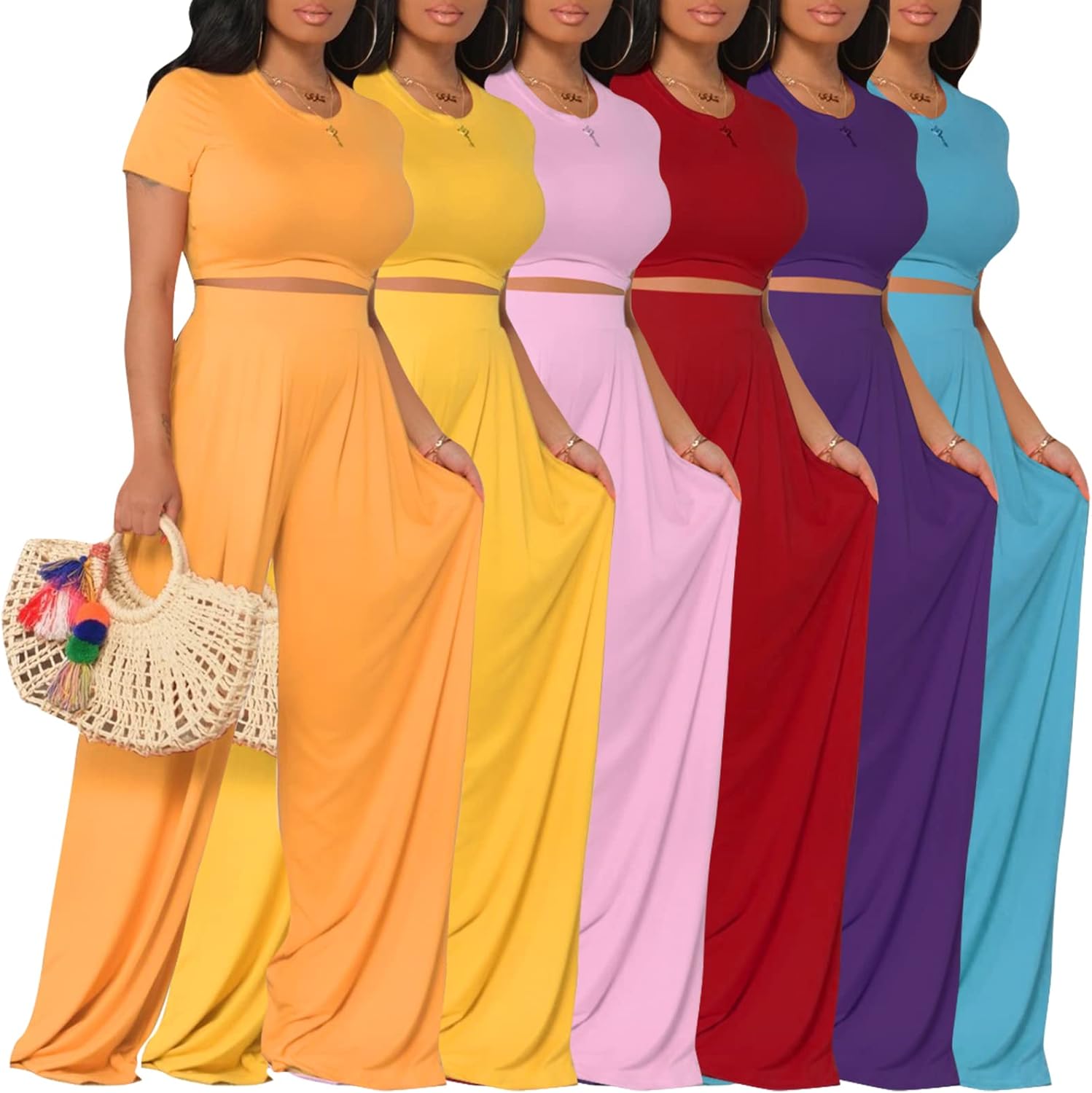 YouSexy Casual Summer 2 Piece Outfits for Women Short Sleeve Crop Top High Waist Wide Leg Pants Sets - Image 6