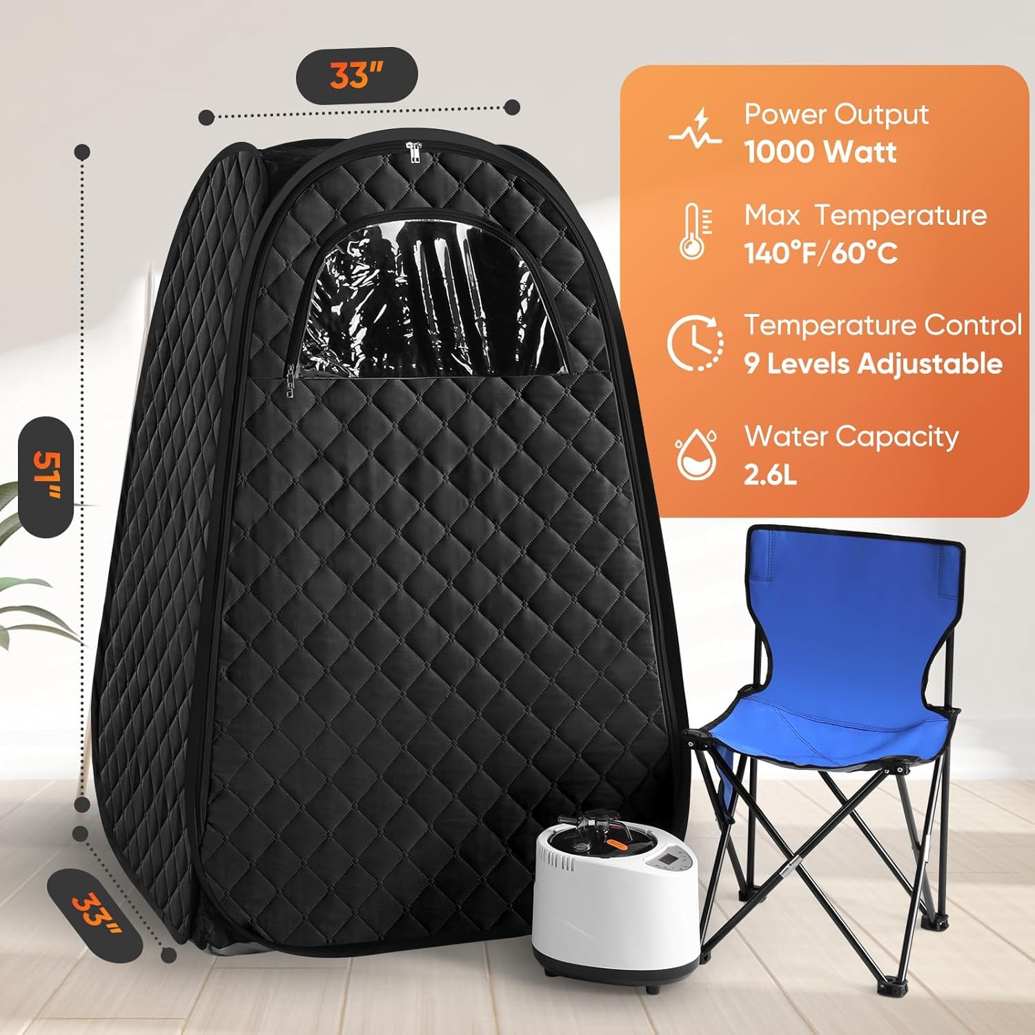 Steupoek Portable Steam Sauna tent with the steam generator and folding chair.