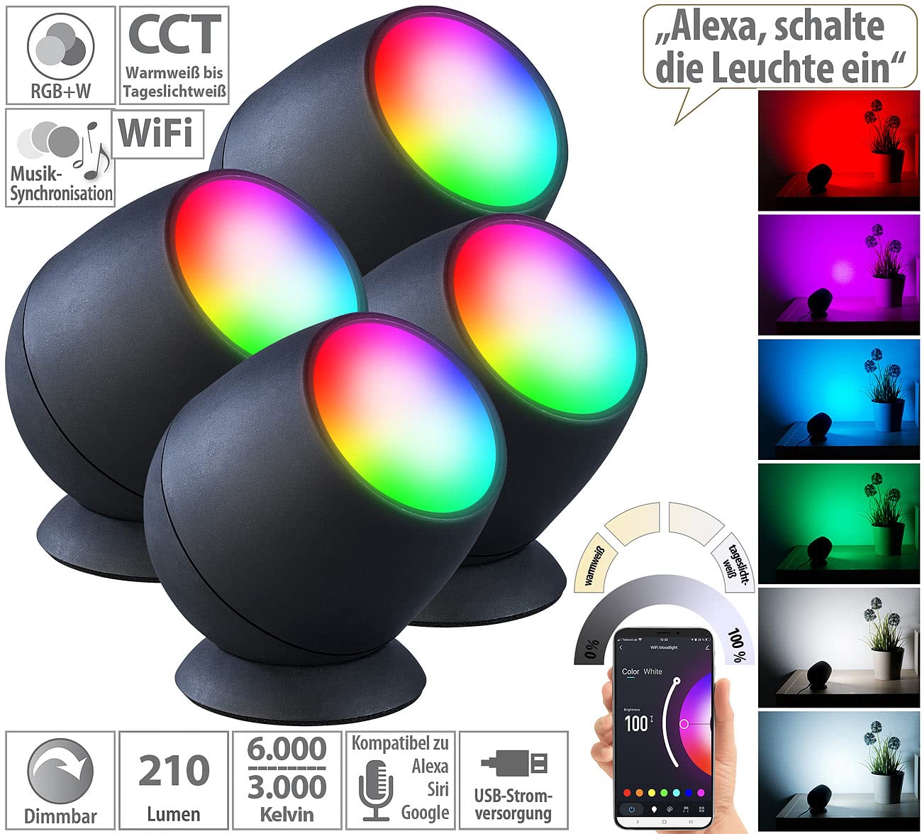 Luminea Home Control WiFi-LED-Lampen: 4er-Set WLAN-Stimmungsleuchten, RGB-CCT-LEDs, 210lm, 2,2W, USB,schwarz (Stimmungs-Lichter, Alexa-Tischlampe, Dot)