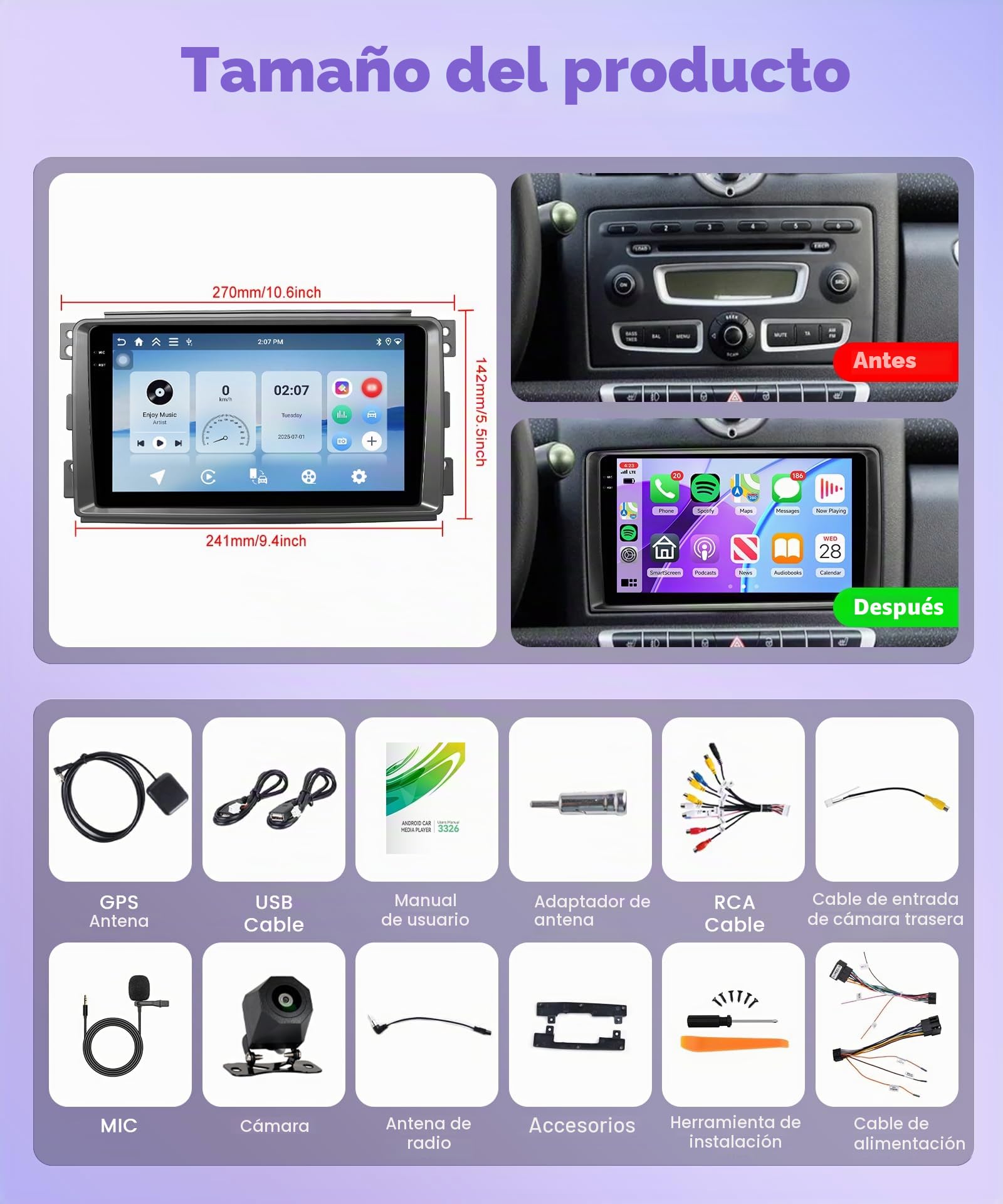 4G+128G Inalámbrico Carplay Android Radio Coche para Mercedes Benz Smart Fortwo 451 2005-2010 9 Pulgadas Incell Pantalla Radio Coche Android Auto GPS Navi WiFi Bluetooth FM/RDS EQ/SWC Cámara Trasera