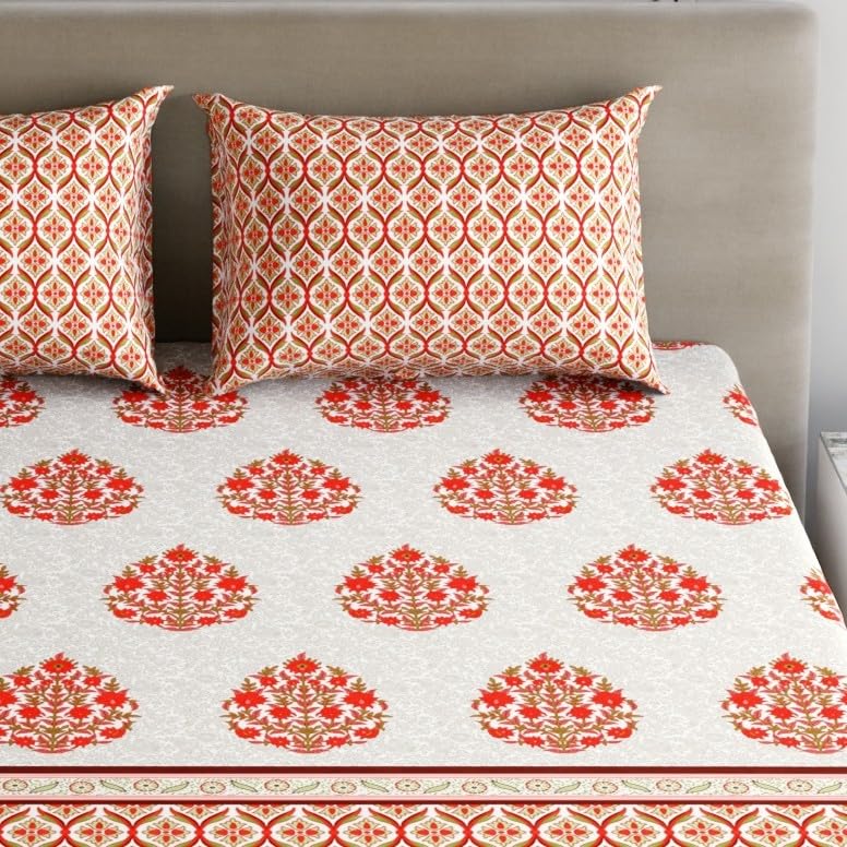 Image of Home Ecstasy 100% Cotton Double Bedsheet with 2 Pillow Covers - (Size 87 x 94 inches, 140 TC, Colour - Red)