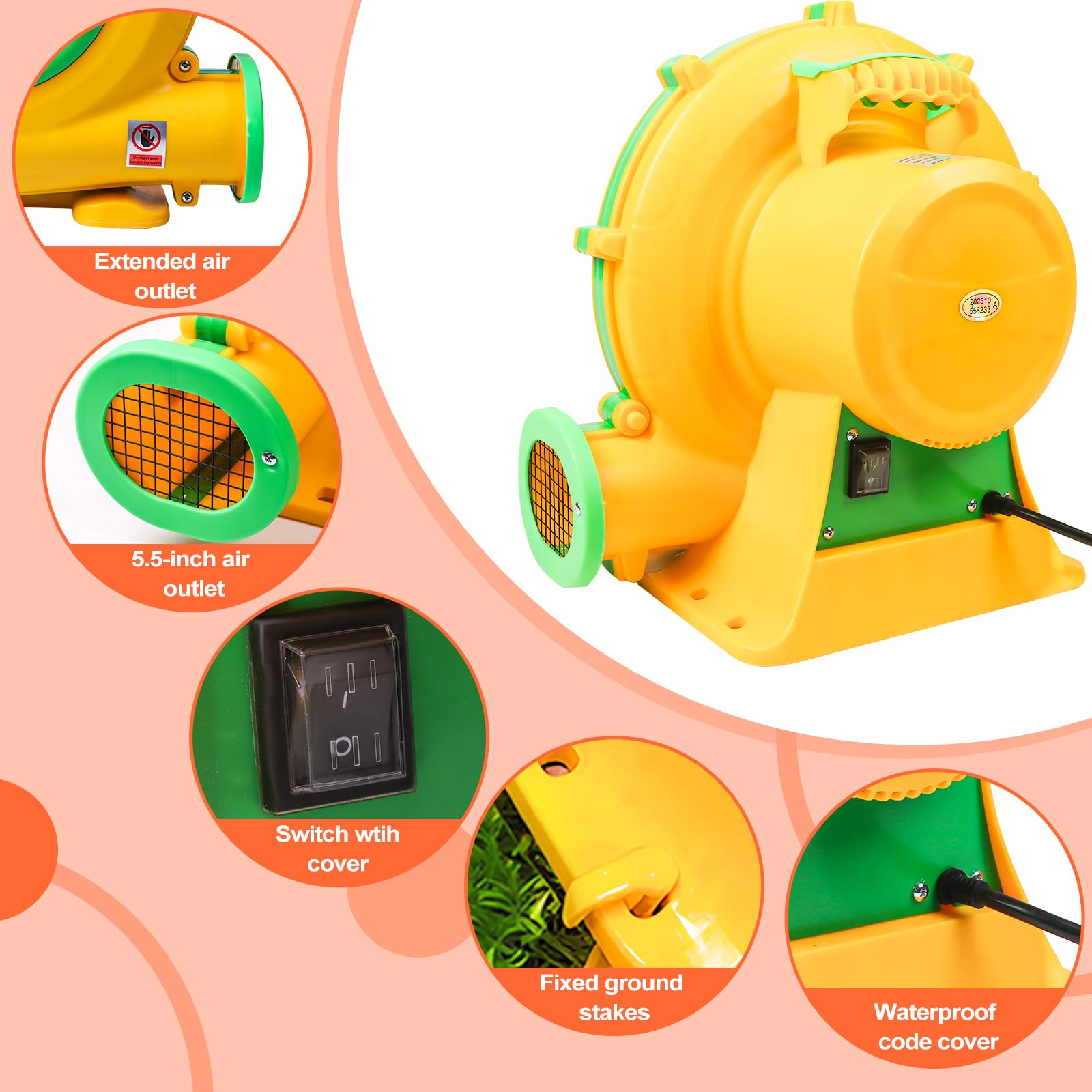 Kalolary 1500W Aufblasbares Gebläse, Leistungsstarker und Robuster Hochleistungs-Ventilator, Schnellaufblas-Luftpumpe 110V 60Hz für Aufblasbare Arch, Eventdekoration und Werbe-Aufblasstrukturen