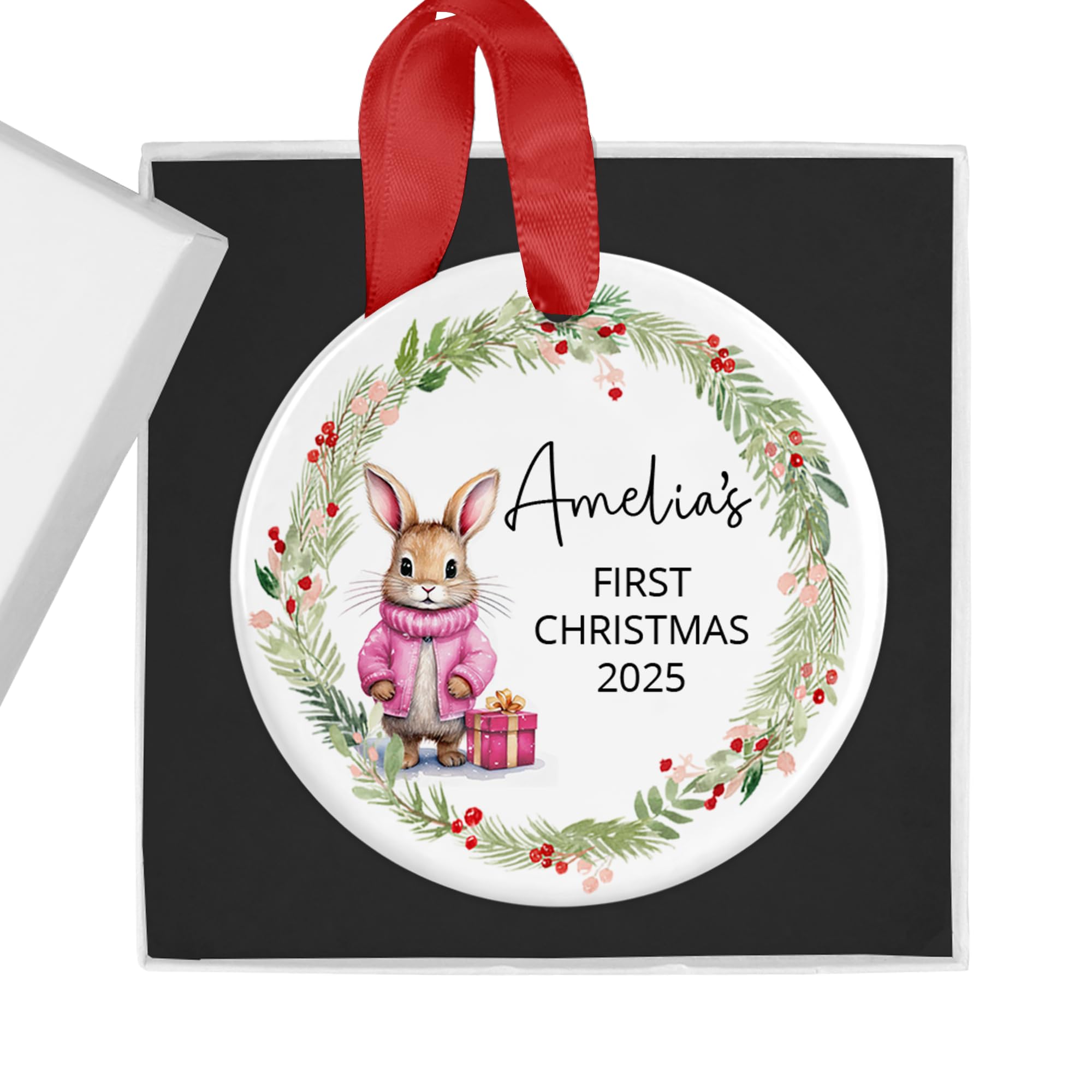 Personalised Baby's First Christmas Bauble Ornament with Gift Box - 1st Xmas Keepsake 2025 - Choice of Rabbit Colour - Ideal for New Baby Girl — image 1