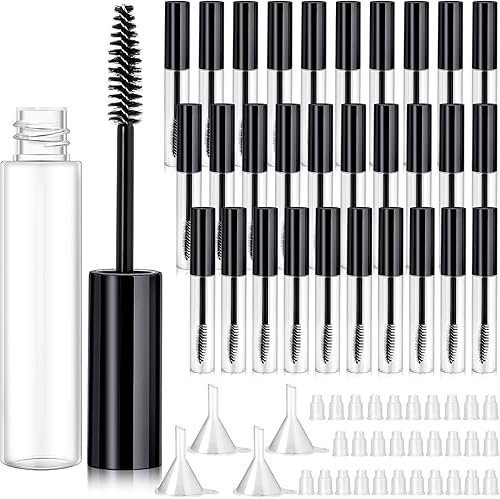 Maitys Paquete de 30 tubos de rímel vacíos de 0.3 fl oz con varita de cepillo, botella recargable para crema de pestañas con embudos, tapones para