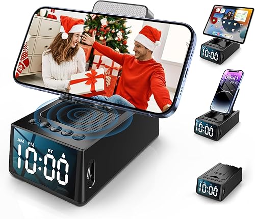 Soporte para teléfono celular con altavoz Bluetooth inalámbrico y reloj despertador, soporte ajustable 3 en 1 con base antideslizante para todos los