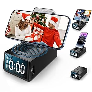 Cell Phone Stand with Wireless Bluetooth Speaker & Alarm Clock, 3 in 1 Adjustable Holder with Anti-Slip Base Fits All Phones Tablets, Unique Tech Gifts for Men/Women, Dad, Mom, Husband, Wife (Black)