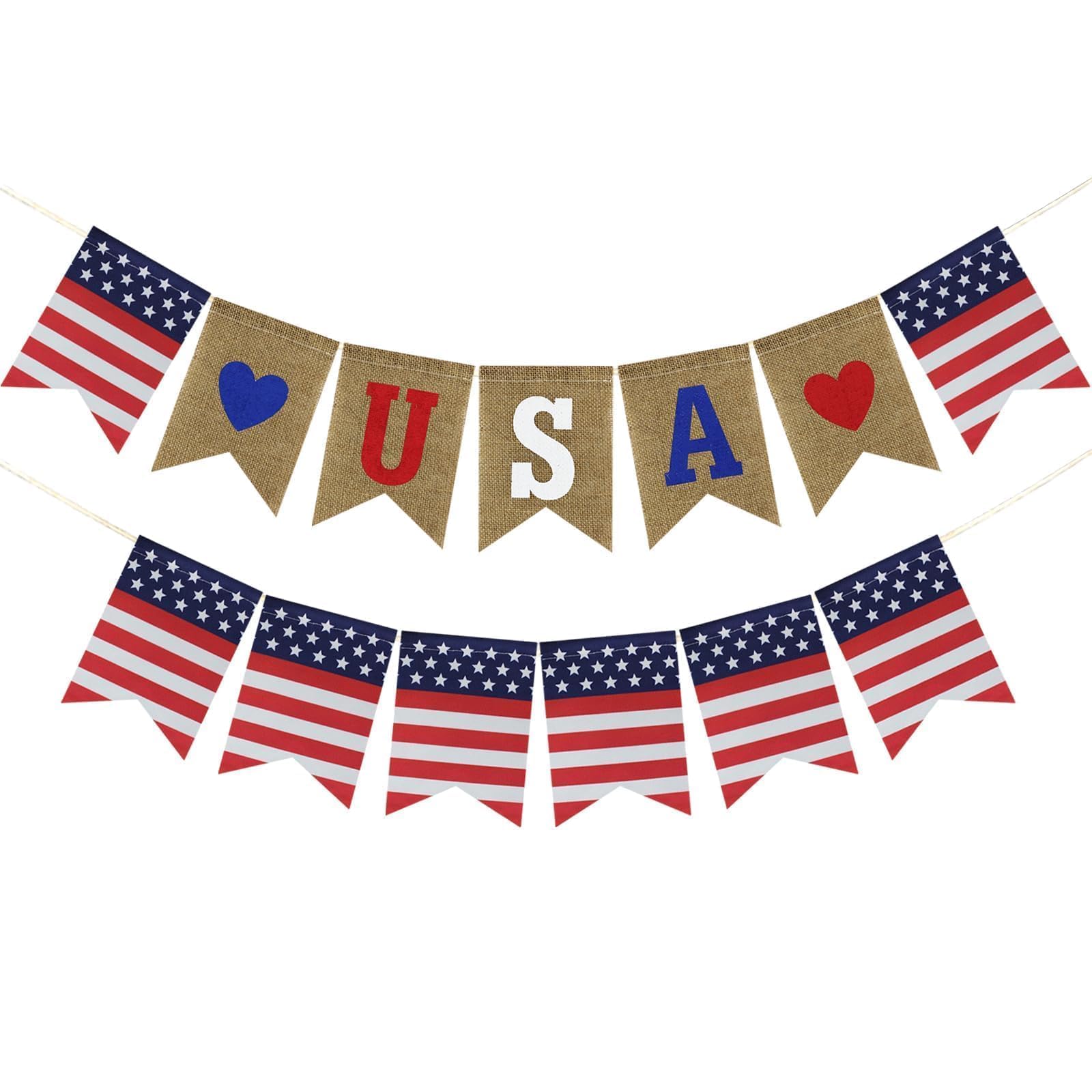 2 Pcs USA Independence Day Banner Celebration American Flag 4th of July Decorative Fireplace Red White Blue Theme Party Decoration Supplies Memorial