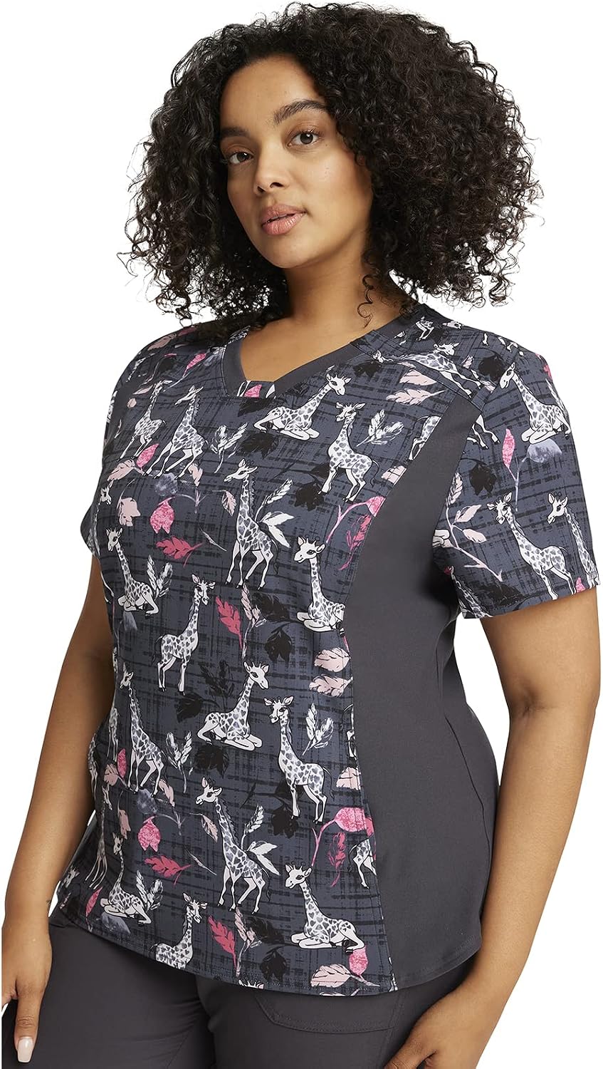 Cherokee iFlex Women Scrubs Top V-Neck Knit Panel CK641 | In-Seam Welt Pockets, Slight High-Low Curved Hem, 25-Inch Back Length, Added Comfort And Mobility For Healthcare Work