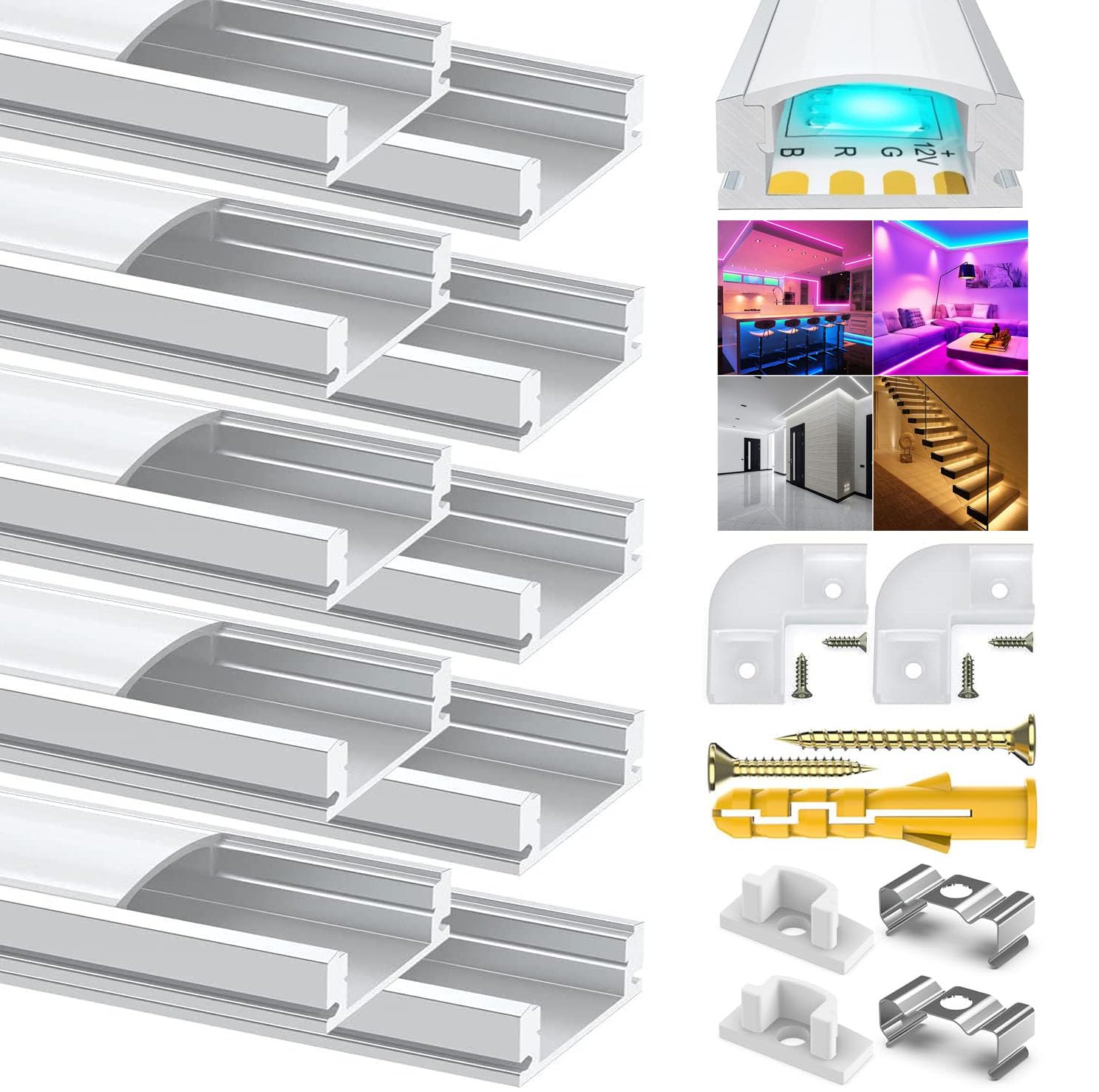 U Shape Led Aluminum Channel, 10 Pack 1Meter/3.3ft Aluminum Profile with Milky White Cover, LED Channels and Diffusers with End Caps, Mounting Clips, Corner Connectors for LED Strip Light [Energy Class A]