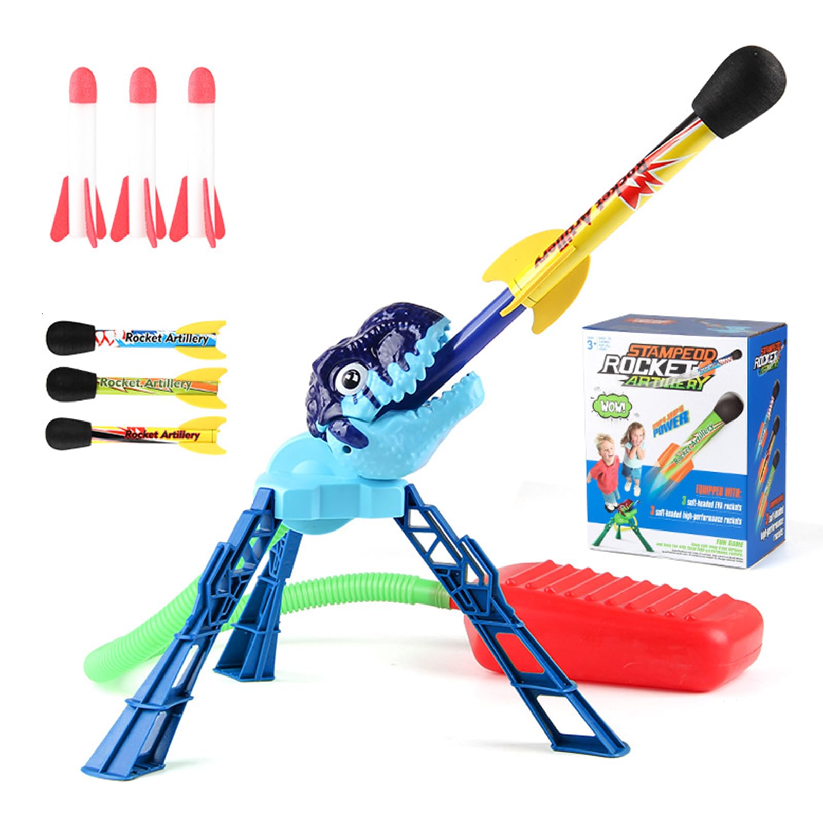 Qivange Dinosaur Air Rocket Launcher Toy – 6-Piece Set with 3 LED & 3 Foam Rockets | Outdoor Garden Toys for Boys & Girls Ages 3-10 for Kids