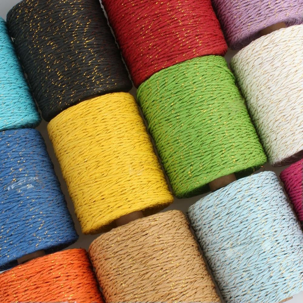 Wstążka papierowa 280 m z rafii do torebki DIY czapką | Wielokolorowa przędza szydełkowa ze słomy, naturalna ekologiczna wstążka do pakowania(Yellow White)